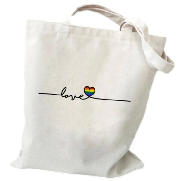 Canvas Tote Bag Love Rainbow Heart Print Design Eco-Friendly 13"x15" w Handle - Picture 1 of 2